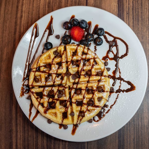 Chocolate chip waffle with chocolate drizzle, powdered sugar, blueberries, and a strawberry.